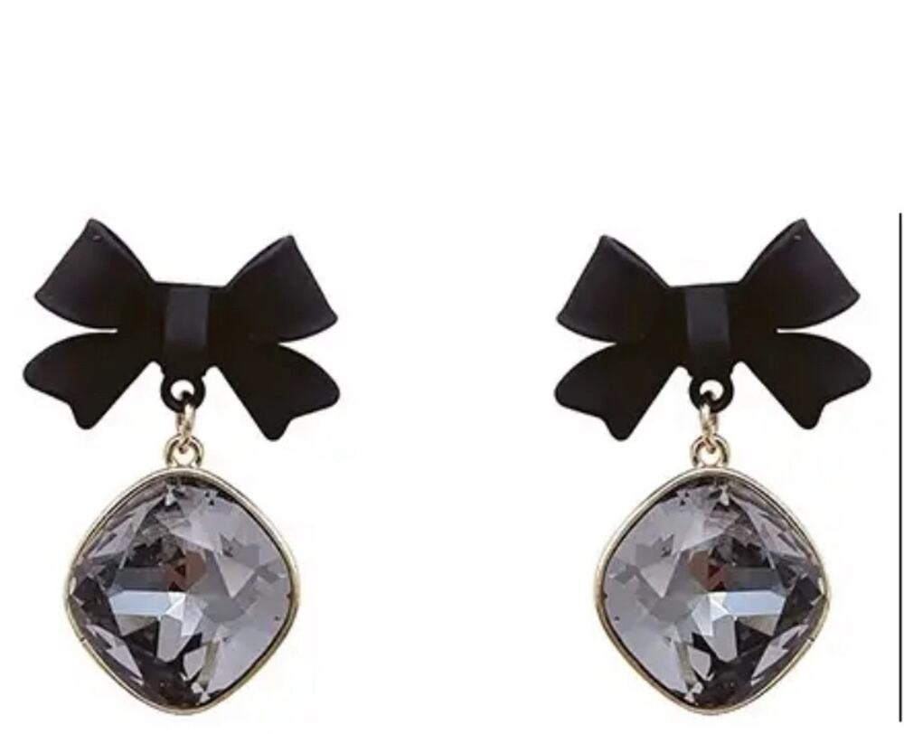 Black Bow with Stone Charm Earrings